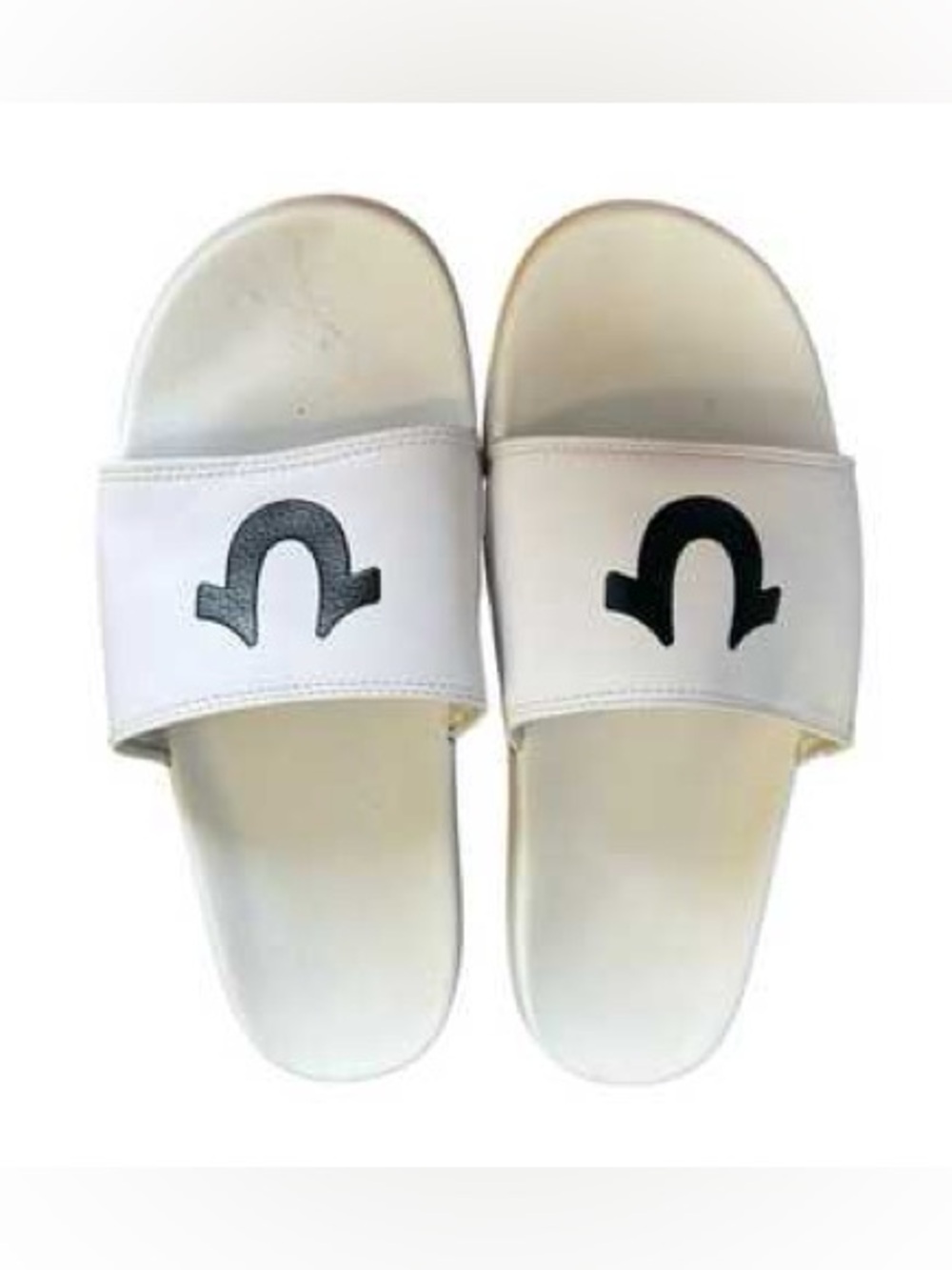 True Religion White Slide Sandals with Navy Logo